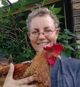 Author H Gibson with Pumpkin her bantam rooster